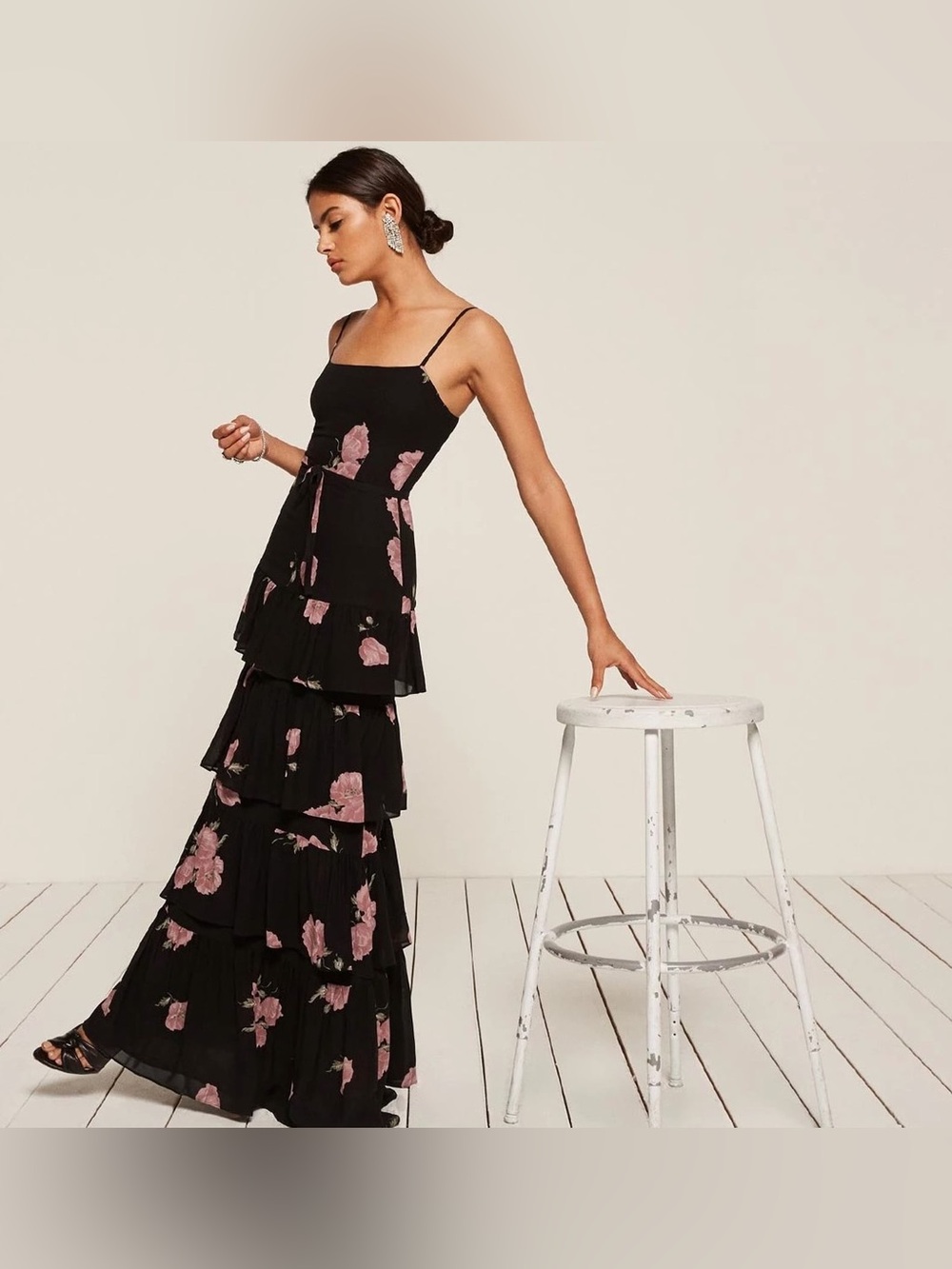 Reformation Fox Glove Tiered Black Floral Maxi Dress